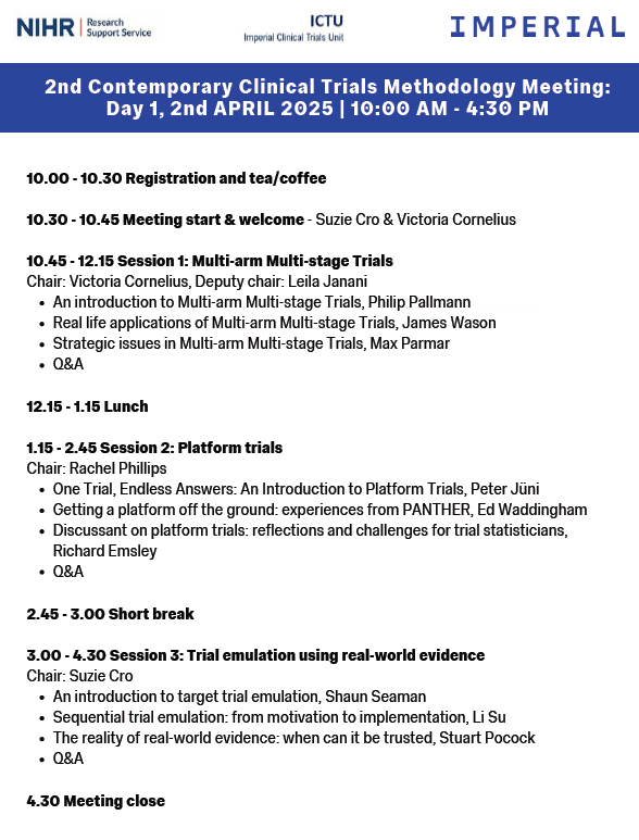 stats_ci's tweet photo. We are excited to get our 2nd Contemporary Clinical Trials Methodology Meeting underway tomorrow! If you can't make it keep an eye out for live Tweets throughout the day #CCTMM25 https://t.co/LM1T4JSMdq