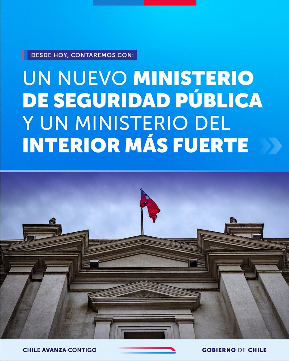 🇨🇱 Desde hoy, Chile cuenta con un Ministerio del Interior fortalecido y un nuevo Ministerio de Seguridad Pública.

🔹Ministerio del Interior: Lidera la coordinación del Gobierno, el desarrollo territorial y la descentralización del país.