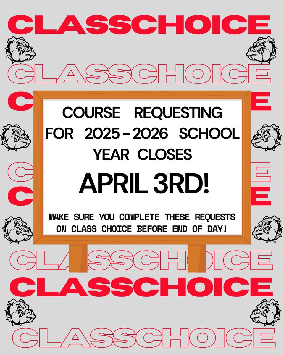 Students!!  Course requesting for the 2025-2026 school year closes on April 3rd. Requests need to be completed by end of the day.
