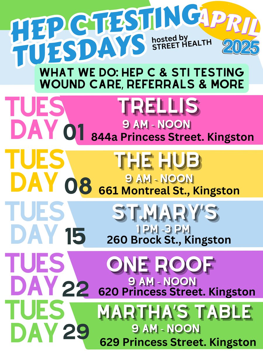 📢 Hep C Testing Tuesdays – April 2025! 

Street Health is bringing FREE Hep C &amp; STI testing, wound care, referrals, and more to locations across Kingston every Tuesday in April!

💡 No appointment needed – just drop by! Get tested, get informed, and take care of your health.