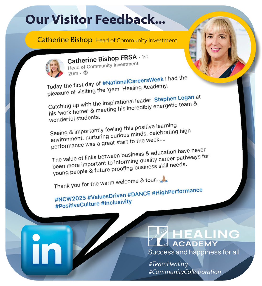 HealingAcademy1's tweet photo. We received some feedback on LinkedIn from Head of Community Investment at Allam Power Ltd., Catherine Bishop, who visited Mr Logan and Healing School recently.
Thank you for the glowing report! 😊
#teamhealing
#highperformanceacademy
#CommunityCollaboration
#SharingBestPractice https://t.co/b6eQ6BokjK