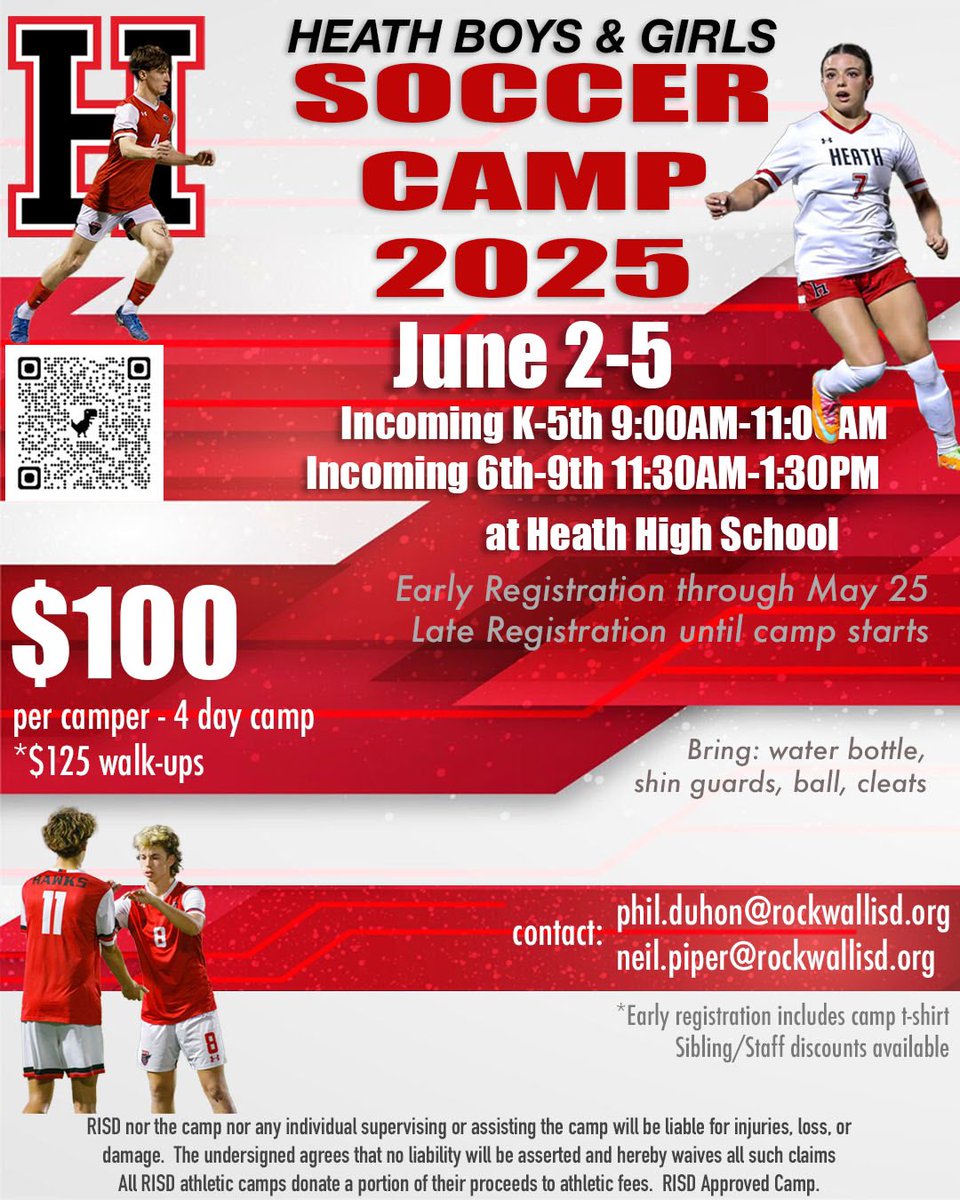 πππππ‘ ππ¨ππππ« (@heathboyssoccer) on Twitter photo Heath Soccer Camp is coming! Sign up for the absolute best time your kid will have this summer!
Sign up here: docs.google.com/forms/d/e/1FAIβ¦
#WinTheDay
@risdathletics <a href="/SoccerHeath/">Heath Girls Soccer</a> <a href="/RHHSHawks_9/">Rockwall-Heath High School Ninth Grade Campus</a> <a href="/RakowRaptors/">RakowMiddleSchool</a> Heath Soccer Camp is coming! Sign up for the absolute best time your kid will have this summer!
Sign up here: docs.google.com/forms/d/e/1FAIβ¦
#WinTheDay
@risdathletics <a href="/SoccerHeath/">Heath Girls Soccer</a> <a href="/RHHSHawks_9/">Rockwall-Heath High School Ninth Grade Campus</a> <a href="/RakowRaptors/">RakowMiddleSchool</a>