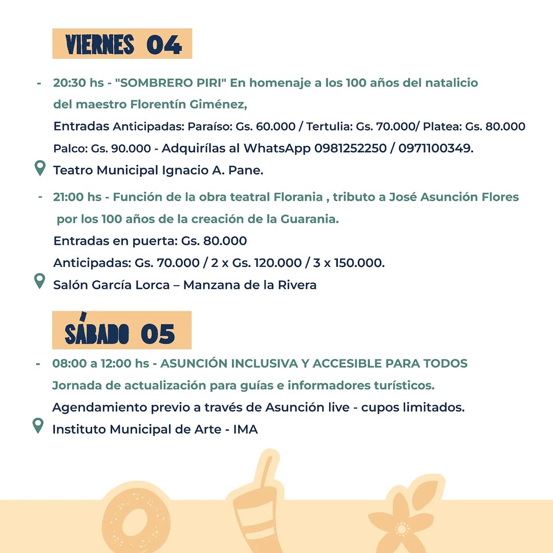 📢 ¡Agenda cultural de #AsuCulturaYTurismo! ✨

🎭 Teatro, 🎶 Música y 📚 Literatura te esperan para disfrutar lo mejor de la cultura y el turismo en Asunción. 🌟

📍 Consultá la agenda completa y planificá tu semana con nosotros. 🎟️📲 ¡No te lo pierdas!

#Cultura #Turismo