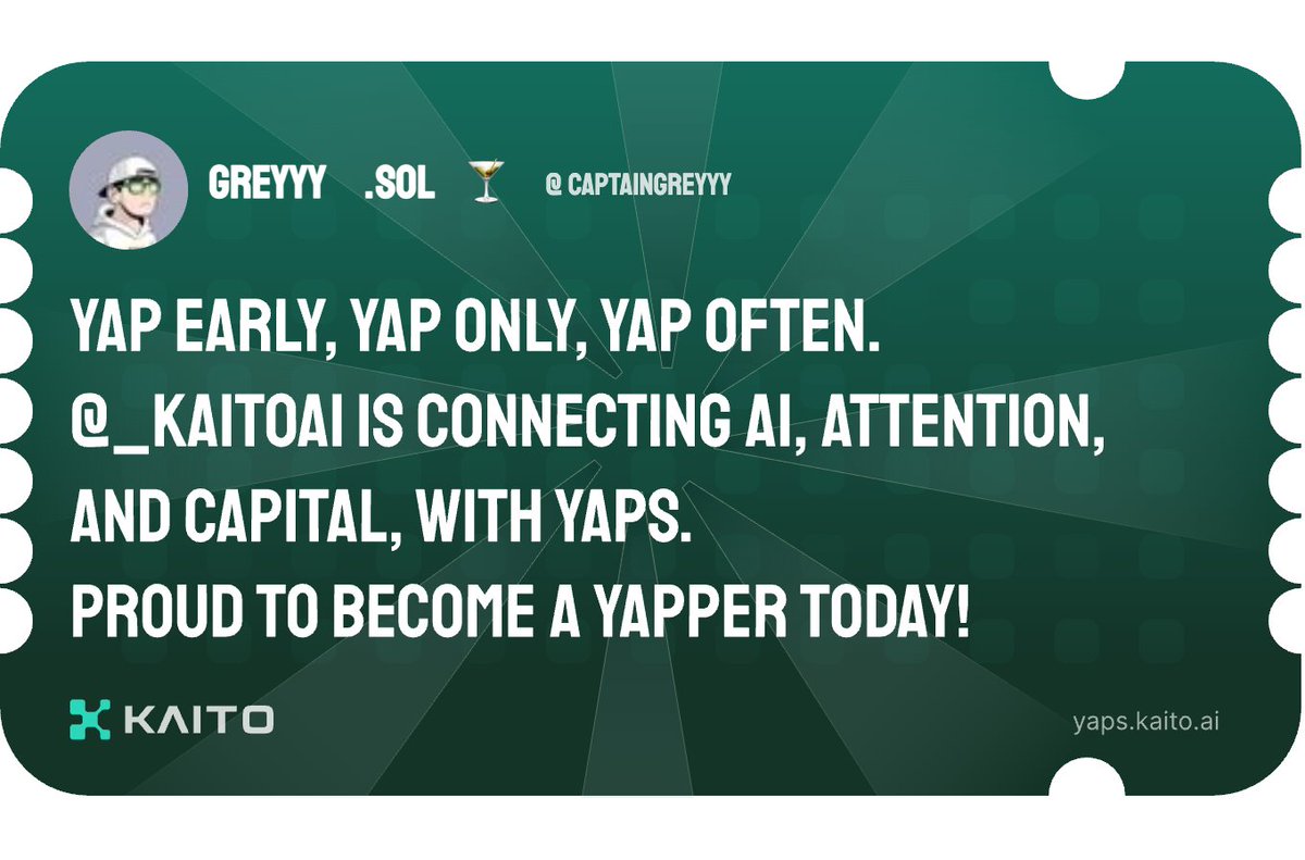 Yap early, yap only, yap often.

<a href="/KaitoAI/">Kaito AI 🌊</a> is connecting AI, attention and capital with Yaps.

Just claimed my social card and I'm accumulating Yap points in real-time.

Claim yours 👉 yaps.kaito.ai/referral/11446…