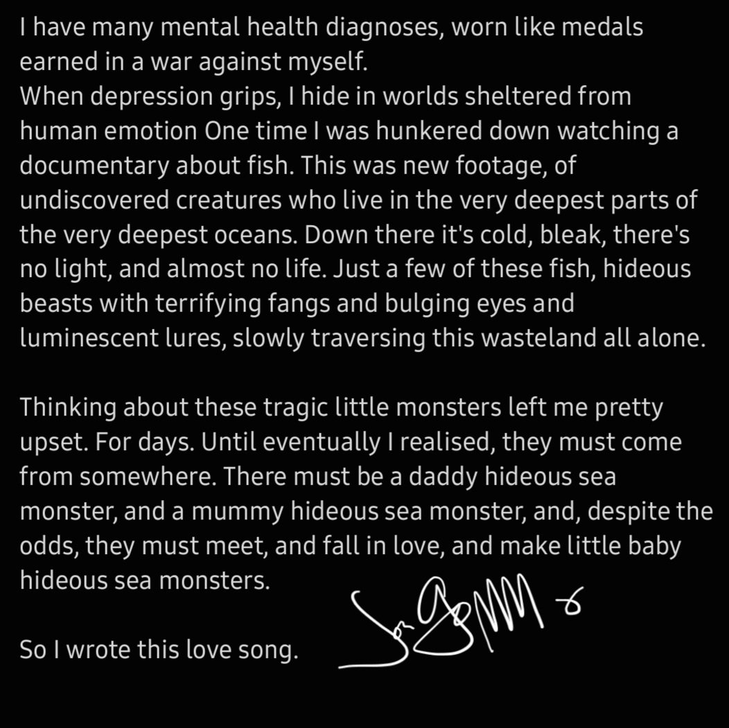 A love song about fish. 

Get your own handwritten lyrics sheet at jongomm dot com.