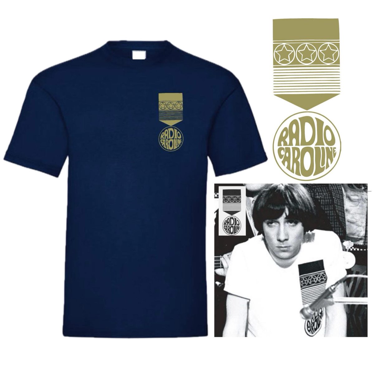NEW CAROLINE 'MEDAL' T-SHIRT
Our brand new T-shirt is navy blue with a gold-colour Radio Caroline 'medal' emblem on the breast. Based on the 60s design, as worn by Who drummer Keith Moon on TV's 'Ready Steady Go!' in 1965. Available in the web shop now at radiocaroline.co.uk