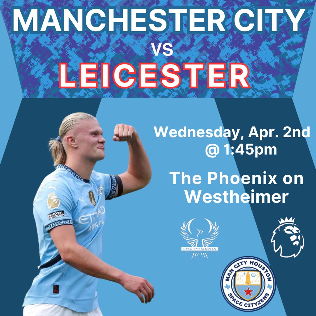 HoustonCityzens's tweet photo. Midweek match up!
#mancityus #plintheus #mcfchouston
π|Leicester City
π
|Wednesday, April 2nd
β°|1:45PM
π| @PhoenixBrewpub https://t.co/RWxksDxX3i
