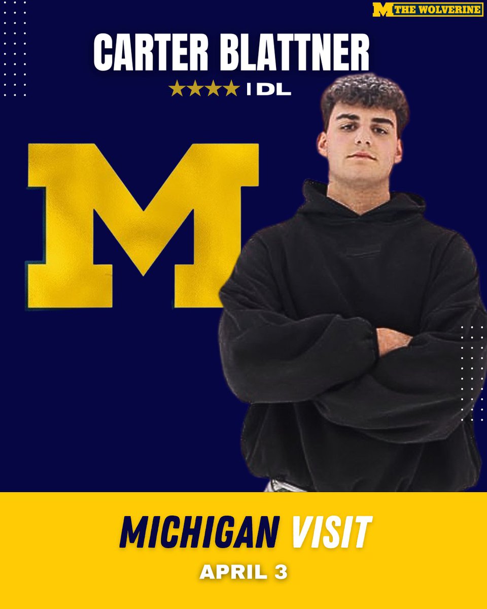 "EJ Holland" (@ejhollandon3) on Twitter photo On300 DL Carter Blattner (<a href="/carterblattner/">CarterBlattner</a>) will be making a visit to Michigan on Thursday, he tells me. Ranked as the No. 182 overall recruit in 2027 #GoBlue. on3.com/boards/threads… On300 DL Carter Blattner (<a href="/carterblattner/">CarterBlattner</a>) will be making a visit to Michigan on Thursday, he tells me. Ranked as the No. 182 overall recruit in 2027 #GoBlue. on3.com/boards/threads…