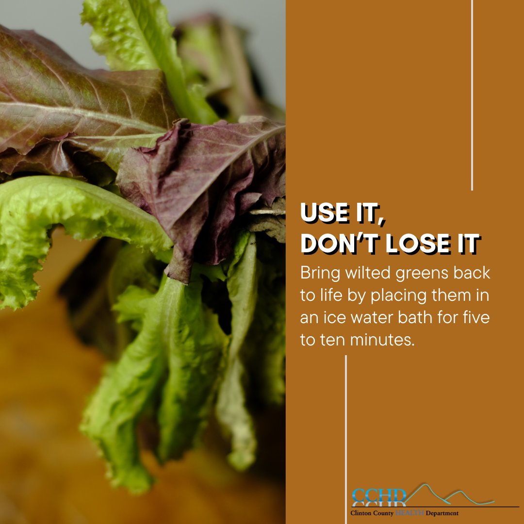 Use it, don’t lose it! Greens like lettuce and spinach can get wilted, but it doesn’t mean that they’re no longer good to eat. Try placing your lettuce or spinach in an ice water bath to crisp them up again. For more information visit health.clintoncountyny.gov/eswl/. #WasteLessWednesdays