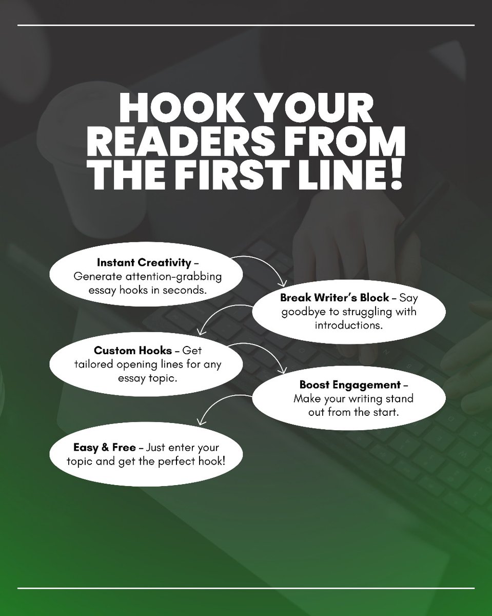 PaperDue's tweet photo. The hardest part of writing? Getting started! 🚀 Our Essay Hook Generator creates powerful opening lines that captivate readers instantly. Try it now and make your essay unforgettable! ✍✨ https://t.co/Vf2dL8mzJ2
.
#EssayWriting #WritingTools #StudySmart https://t.co/v5VWkCiMW1
