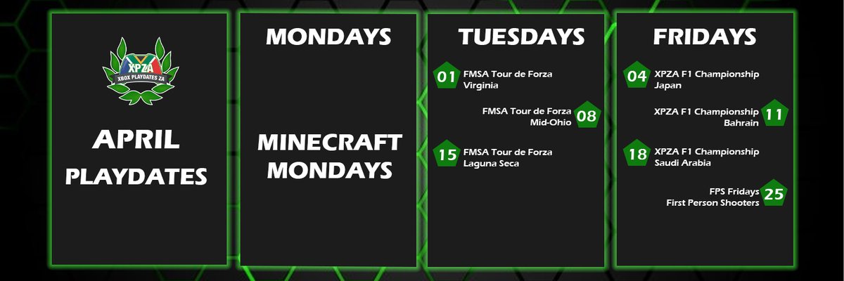 Proposed Schedule For April 2025:

1st - FMSA Virginia - South
4th - F1 2024 (Japan)
7th, 14th, 21st, 28th, Monday <a href="/Minecraft/">Minecraft</a> 
8th - FMSA Mid Ohio - Short Circuit
11th - F1 2024 (Bahrain)
15th - FMSA Laguna Seca - Short Circuit
18th - F1 2024 (Saudi Arabia)
25th - FPS Friday