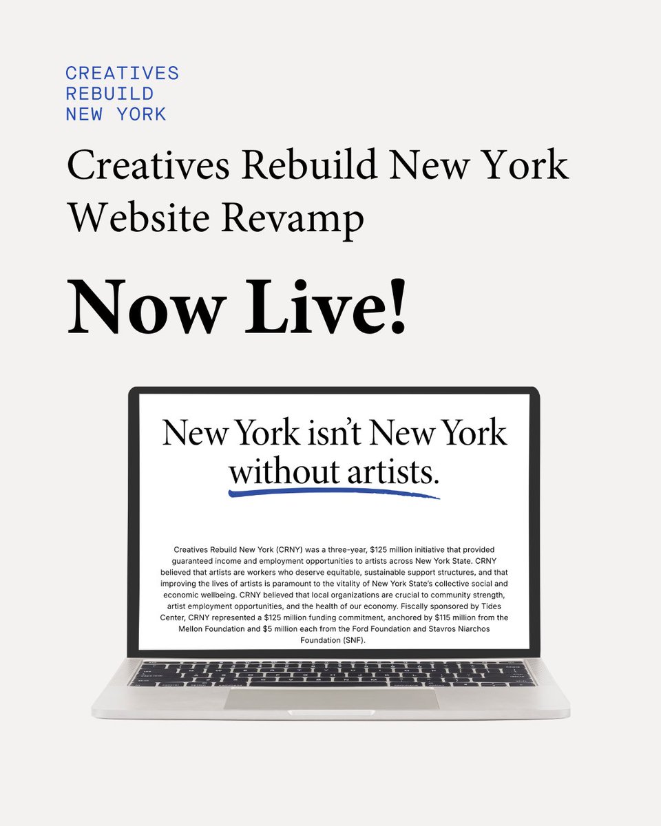 In preparation for our planned closure as an organization, Creatives Rebuild New York has launched our archival website. Learn about our journey and read our recommendations for next steps in the fight to support artists across New York State.

Visit creativesrebuildny.org 💻