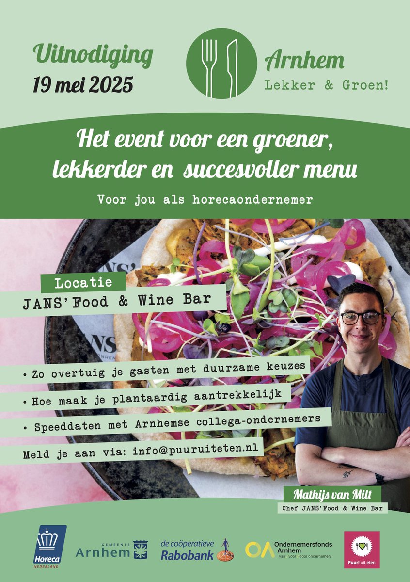 Uitnodiging voor #horeca in #Arnhem: We zien je graag op 19 mei bij het Arnhem Lekker &amp; Groen! horeca-event. puuruiteten.nl/arnhem-lekker-… #voedselverspilling #plantaardig