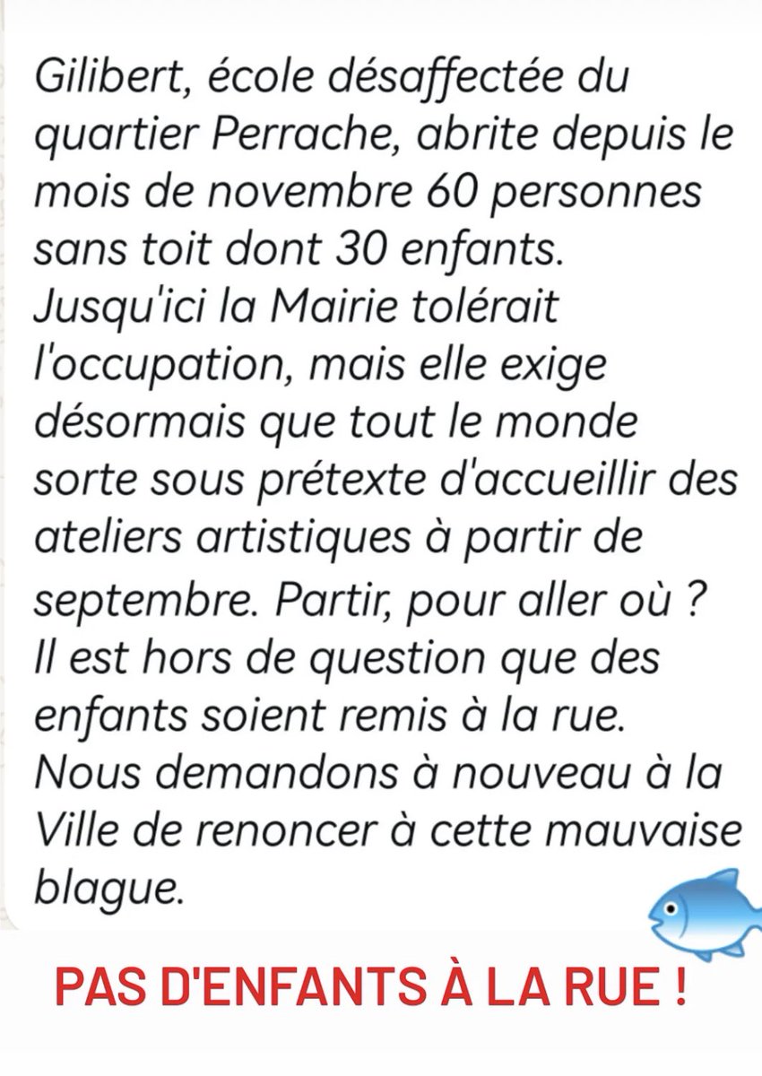 La <a href="/villedelyon/">Ville de Lyon</a> doit renoncer à cette mauvaise blague 🐟 !

Les familles à l’abri dans l’école Gilibert doivent pouvoir y rester

L’avant-garde artistique et l’innovation sociale peuvent et doivent cohabiter #ENSBA