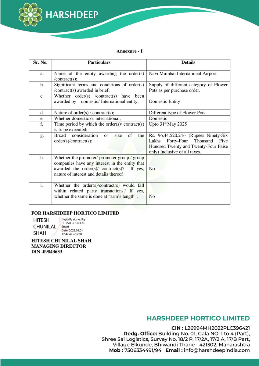 stocknewslatest's tweet photo. #HARSHDEEP Harshdeep Hortico Ltd. disclosed to BSE it received a purchase order worth ₹96.44 Lakhs from Navi Mumbai International Airport Private Limited (Adani Group) for the supply of flower pots. This follows a previous order from Larsen & Toubro for the same airport. https://t.co/QJPHnAddfD