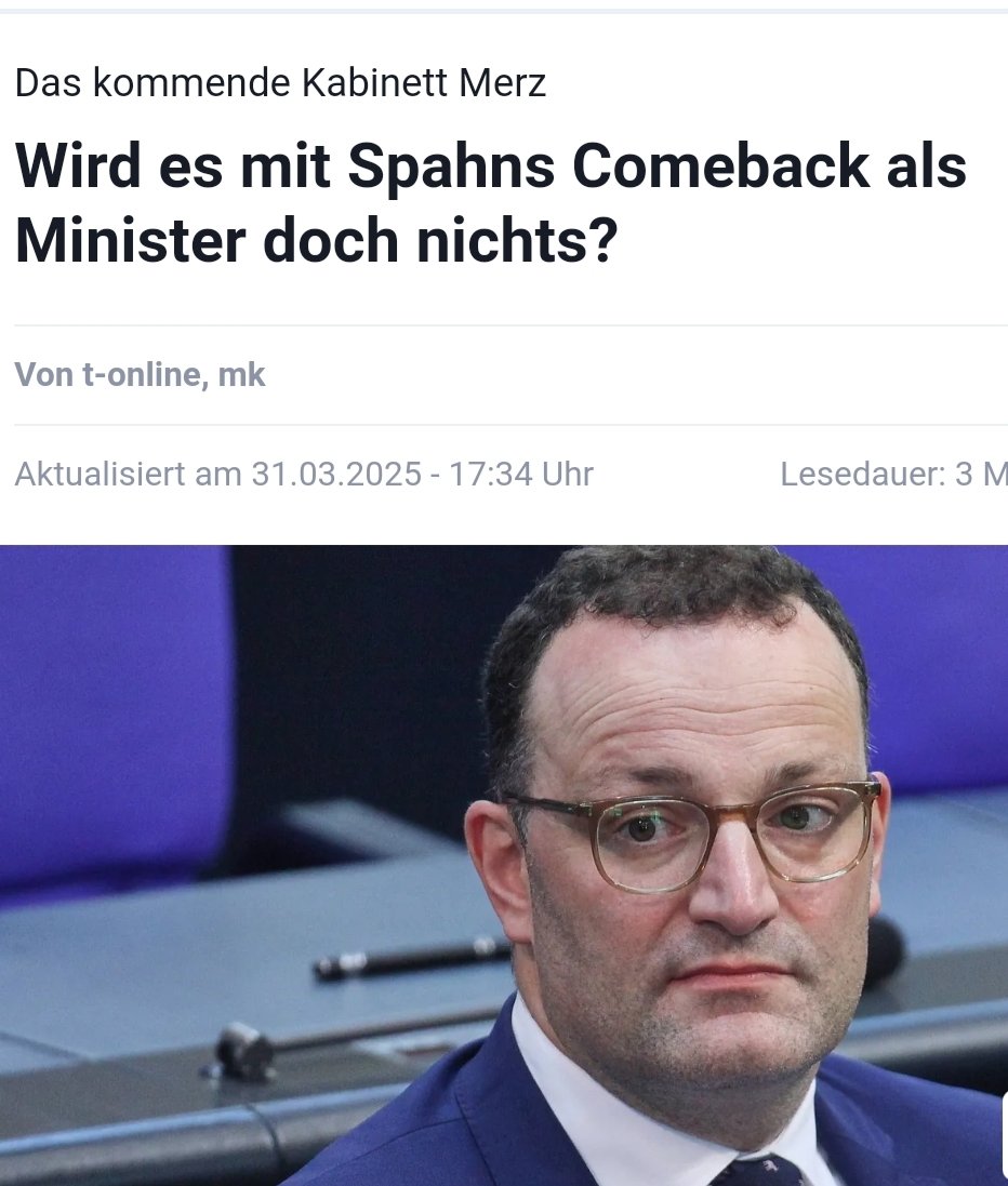 Dass überhaupt die Diskussion geführt wird, zeigt, in welch absurder Realität wir leben.

Jens #Spahn ist als Minister vollkommen ungeeignet. Als Gesundheitsminister hat er nichts anderes als Skandale und Kosten produziert. Es gibt nicht ein erfolgreiches Projekt während seiner