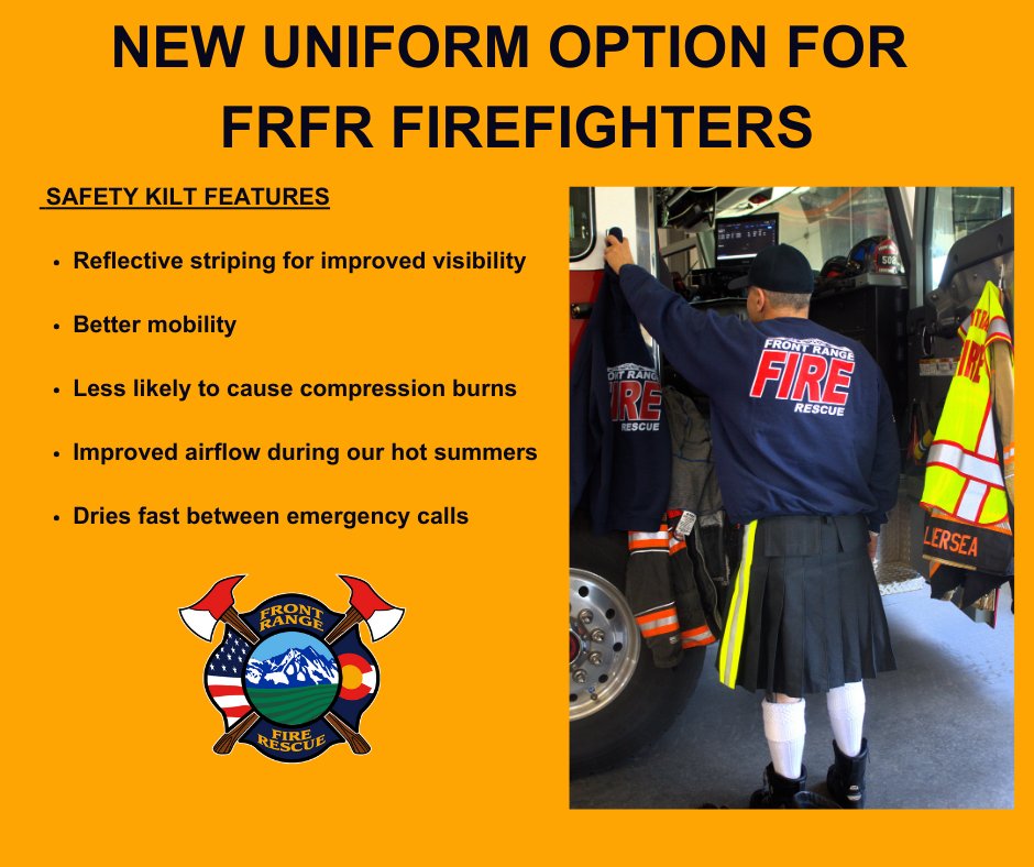 After hosting several focus groups with our members, we are introducing a new uniform option for FRFR ffs. These new kilts, made of standard bunker gear material, will meet NFPA safety guidelines. They won't replace full bunker gear for fires; they can be worn for other calls.