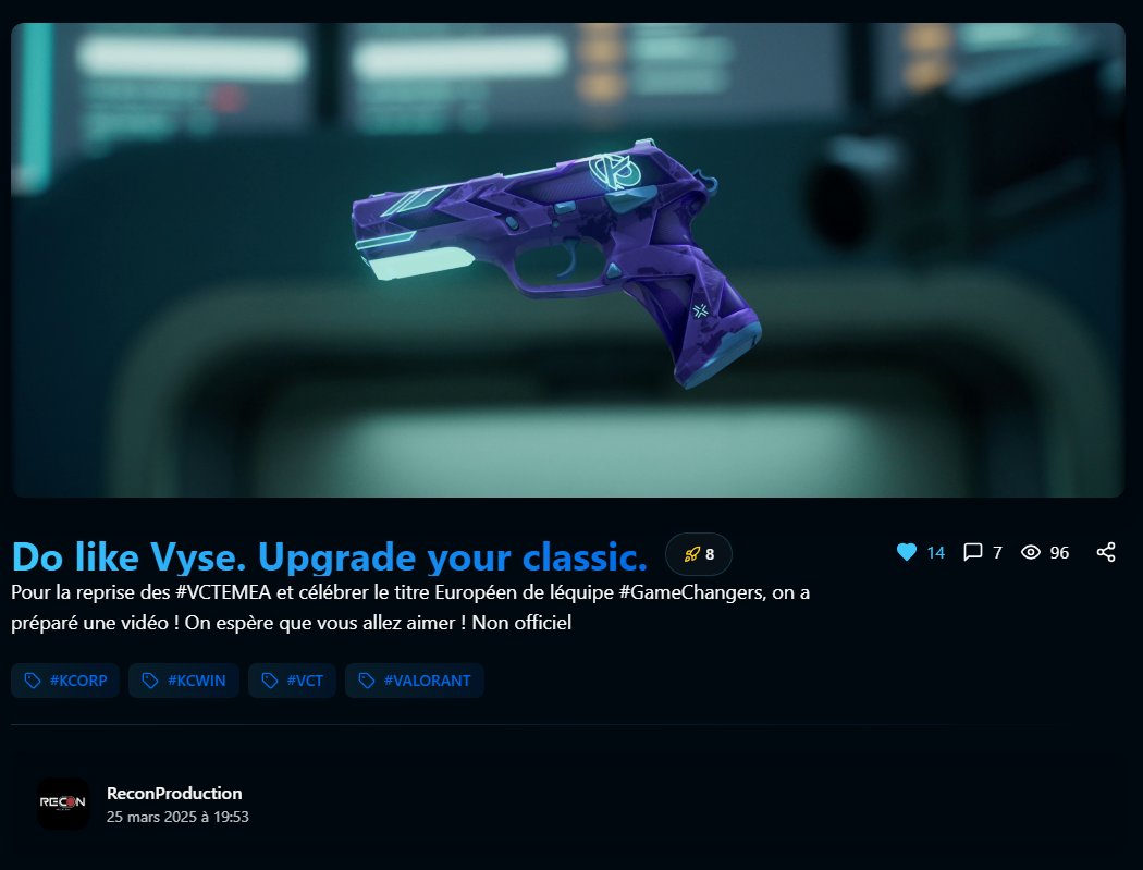 EsportCreate's tweet image. Déjà 8 votes pour @ReconProduction 
Qui détrônera la première place ? 

Scroller les créations et voter pour la meilleure pour avoir le lot gagnant 🎁

Lien du classement de la meilleure création #KCORP du mois :
kcreate.fr/classement