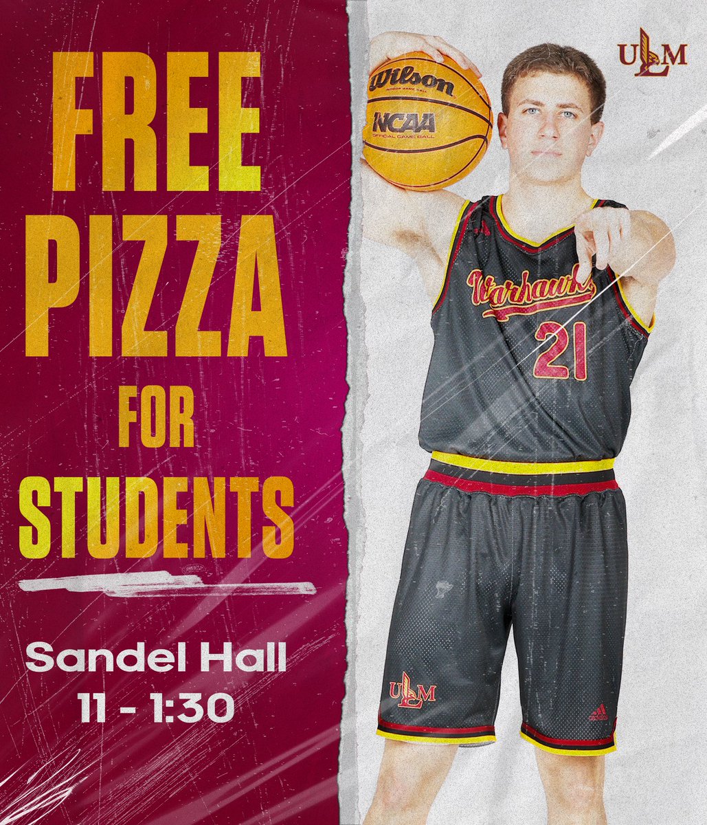 ULM_MBB's tweet image. Who wants some pizza? 🍕🍕🍕

ULM students, come hang out with us today at Sandel Hall from 11-1:30 and enjoy some pizza with us! 

Can&apos;t wait to see all of our Warhawks there!