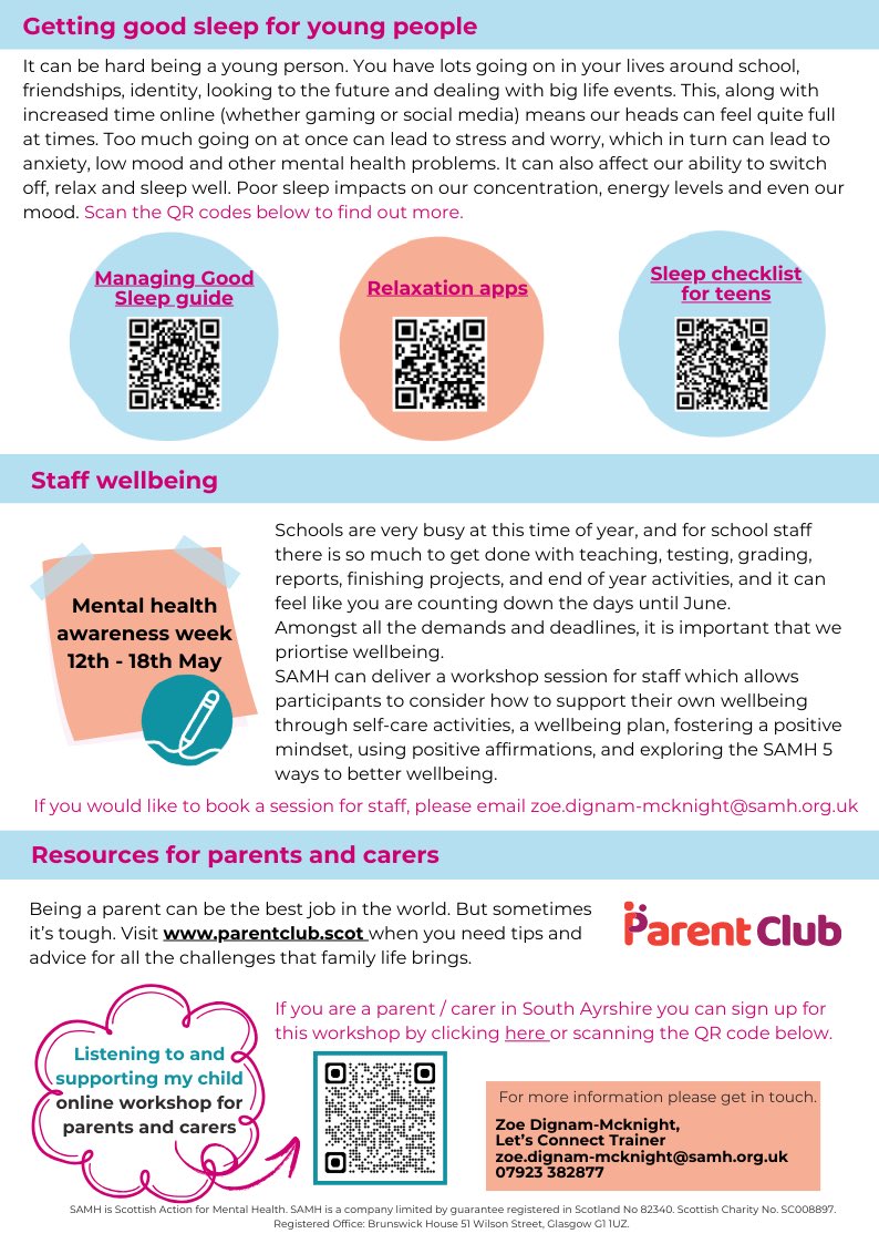 See below for the latest South Ayrshire SAMH newsletter. There are updates from the Let’s Connect project, tips for #stressawarenessmonth, sleep advice for young people, and online workshops for parents/carers this may. ⬇️✉️