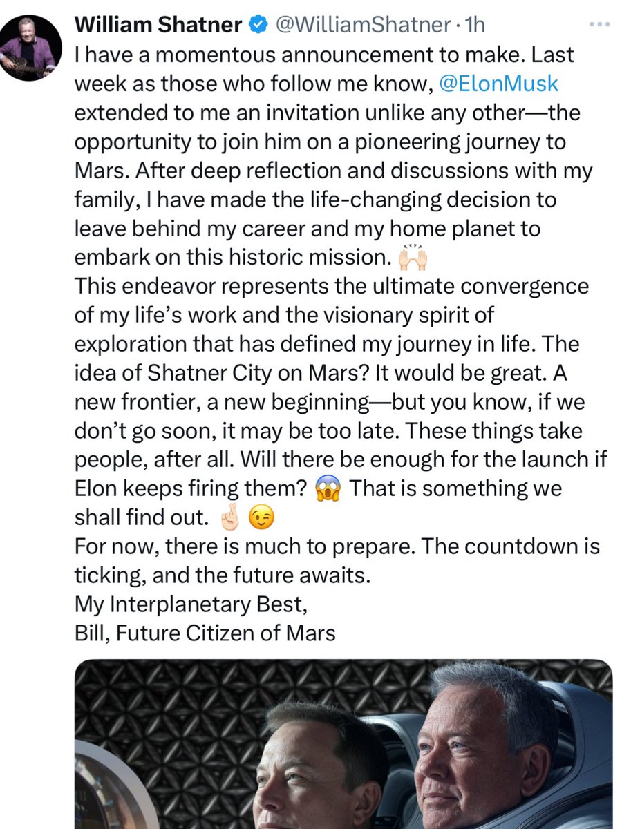 ssikfandk's tweet image. Love Mr Shatner … and a badass at 94. but. Sure Righhhhhht. Mars when the moon was ALLEGEDLY  fake and even THAT has not ‘been done’ in over a half century. ( because we cannot) AI and CGI will acomplish this. I don’t believe in any of the staged ‘no gravity’ shots( either