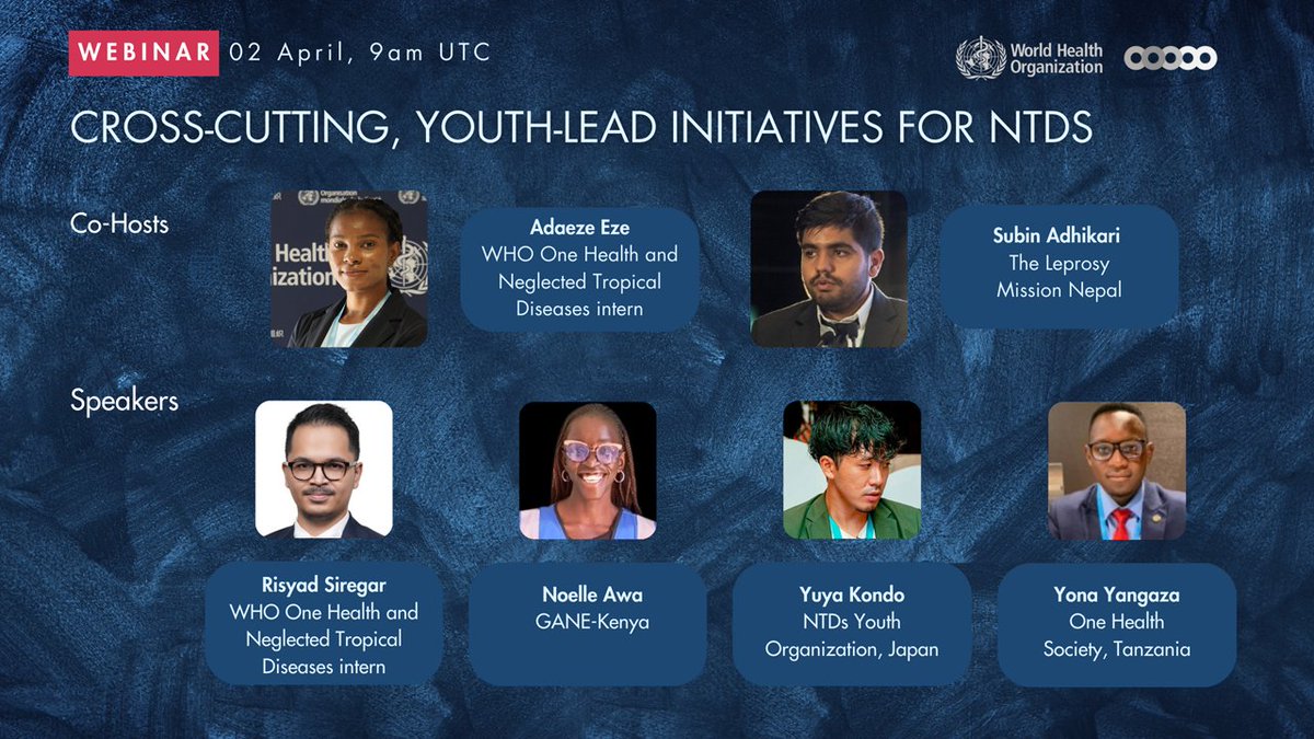 🚀 Don’t miss your chance to register! 🚀

Tomorrow, the <a href="/NTD_NGOs/">NNN</a> Cross-Cutting Groups, in collaboration with the <a href="/WHO/">World Health Organization (WHO)</a> NTD team, are hosting a youth-led webinar on cross-cutting NTD initiatives.

Full details &amp; registration here ⬇️
who.zoom.us/webinar/regist…