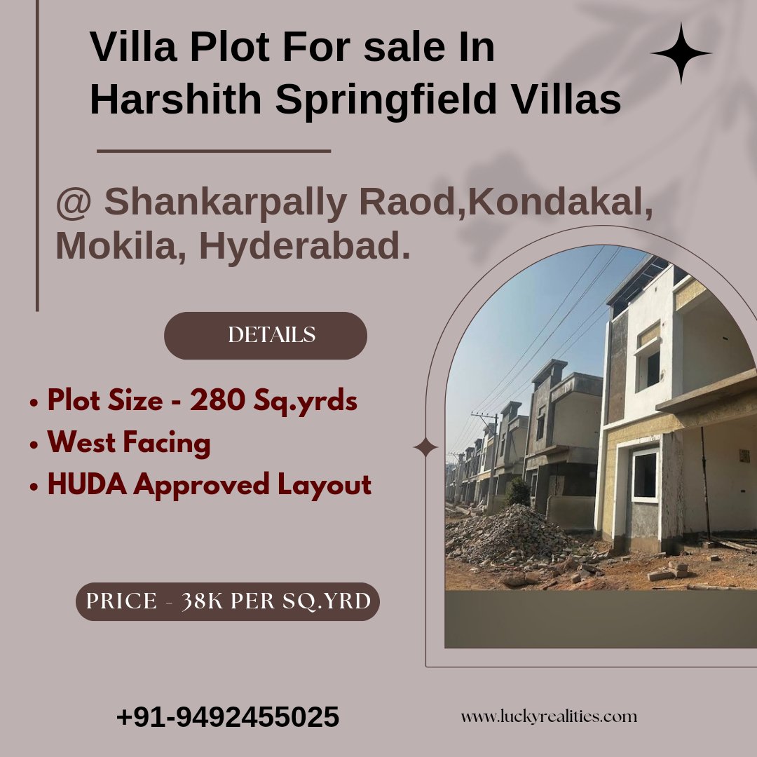 luckyrealties58's tweet image. Villa Plot for sale in Harshith Springfield Villas Shankarpally Raod, Mokila, Bhanur Hyderabad.
#mokila
#luckyrealities
#plots
#openplots