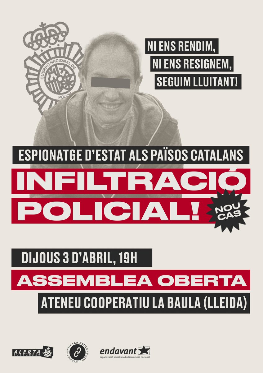 🔴 ASSEMBLEA OBERTA | Donem resposta com a ciutat a la nova infiltració policial!

👉🏼 Organitzem-nos i responem. Vine a l'assemblea oberta aquest dijous 3 d'abril a les 19h a la Baula!

Ni ens rendim, ni ens resignem. Seguim lluitant!✊🏼