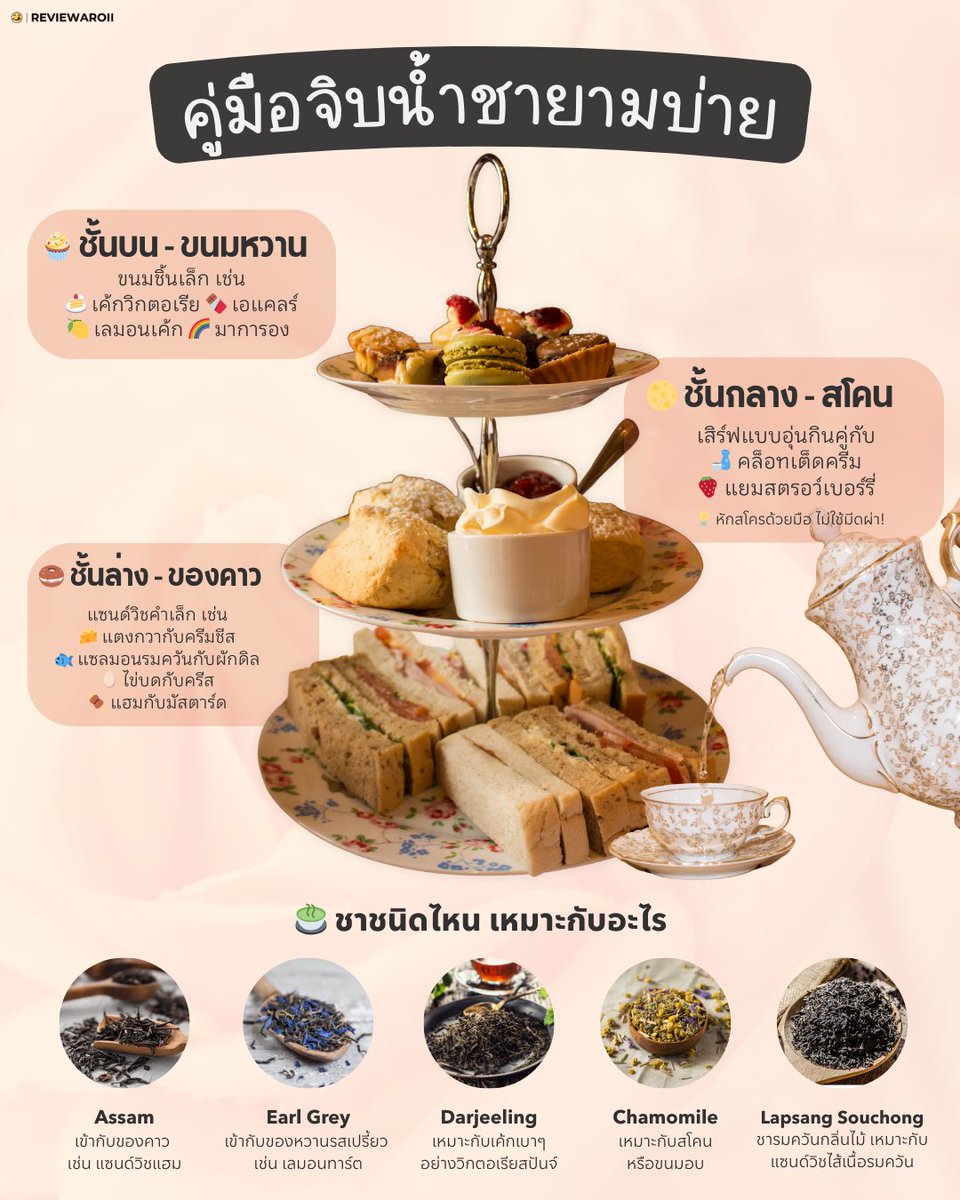 🫖 Afternoon Tea 101 – แจกคู่มือจิบน้ำชายามบ่ายแบบผู้ดีอังกฤษจ้า 

เริ่มทานจากชั้นไหนก่อน? ตามธรรมเนียม →
🥪 เริ่มจากของคาว (แซนด์วิช)
🍪 ต่อด้วยสโคน  
🧁 ปิดท้ายด้วยของหวาน (เค้ก มาการอง)

💡 Afternoon Tea มารยาทน่ารู้:

✋ ห้ามใช้มีดผ่าสโคน! หักด้วยมือแล้วทาแยม &amp; ครีม
☕