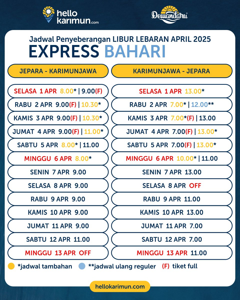 Jadwal penyeberangan Libur Lebaran April 2025.
_
#Dewandaru
#OlehOleh
#Karimunjawa
#HelloKarimun
#MampirDewandaru