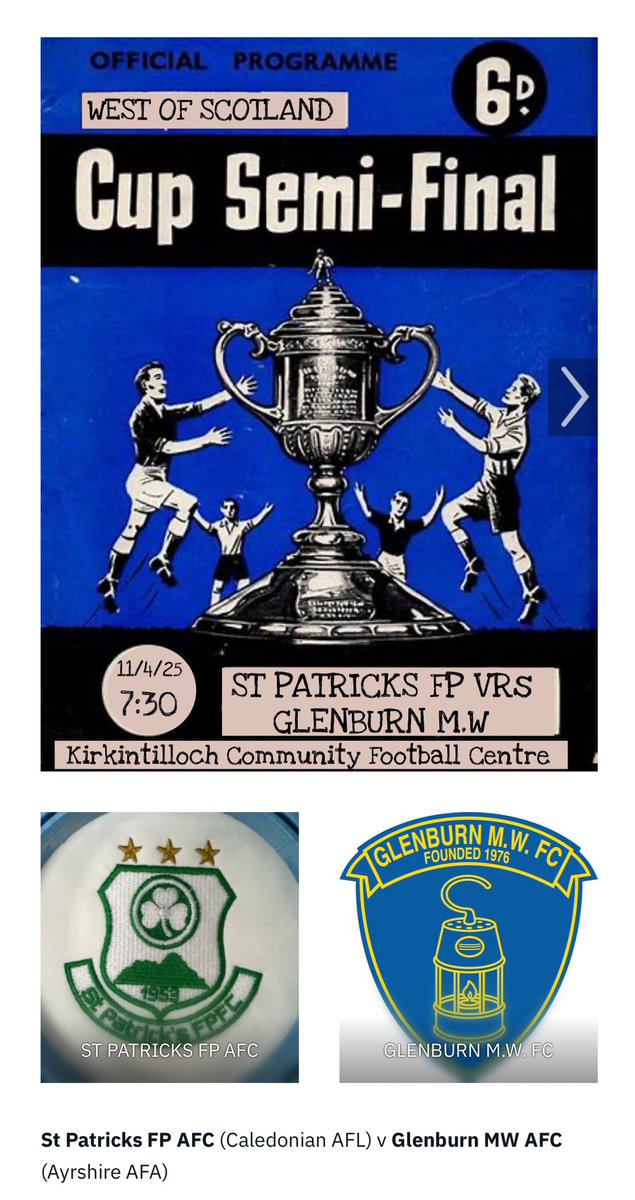 St Patrick's FP FC (@stpatricksfpfc) on Twitter photo 🟢⚪️ WEST OF SCOTLAND CUP ⚪️🟢
Our West of Scotland Cup Semi Final tie against <a href="/GlenburnMWAFC/">Glenburn MW AFC</a> will be played at Kirkintilloch Community Football Centre on Friday 11th April with a 7:30pm kick off <a href="/CaledonianAFA/">CaledonianLeague</a> <a href="/ScotAmFAWest/">West of Scotland Cup</a> 🟢⚪️ WEST OF SCOTLAND CUP ⚪️🟢
Our West of Scotland Cup Semi Final tie against <a href="/GlenburnMWAFC/">Glenburn MW AFC</a> will be played at Kirkintilloch Community Football Centre on Friday 11th April with a 7:30pm kick off <a href="/CaledonianAFA/">CaledonianLeague</a> <a href="/ScotAmFAWest/">West of Scotland Cup</a>