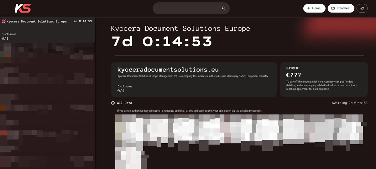 _venarixES_'s tweet photo. El grupo #KillSecurity #ransomware ha listado en su blog a #KYOCERA Document Solutions Europe Management B.V. 🇳🇱 (@KYOCERA_EU), fabricante de impresoras multifuncionales...
#TYO6971
@KYOCERA__DS
Más ℹ️ #VenariX ➡️ https://t.co/OW9Te2XdwS
#CyberAttack #CyberSecurity #ciberataque #infosec #Europe #Hoofddorp #Netherlands