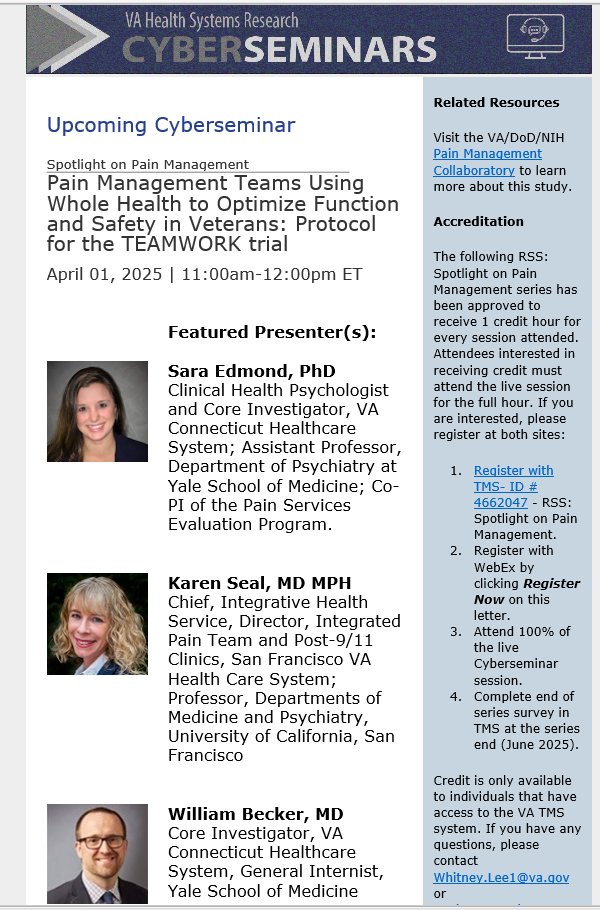 NIH-DoD-VA Pain Management Collaboratory (@painmc3) on Twitter photo Please join us 04/01/25 @ 11am EST, as Drs. Sara Edmond, Karen Seal and <a href="/WillCBecker1/">Will Becker</a> present their TEAMWORK Trial <a href="/vahsrd/">VA HSR</a> Cyberseminar Spotlight. <a href="/VAResearch/">VA Research</a> #varesearch #veteran Register Here: hsrd.research.va.gov/cyberseminars/ Please join us 04/01/25 @ 11am EST, as Drs. Sara Edmond, Karen Seal and <a href="/WillCBecker1/">Will Becker</a> present their TEAMWORK Trial <a href="/vahsrd/">VA HSR</a> Cyberseminar Spotlight. <a href="/VAResearch/">VA Research</a> #varesearch #veteran Register Here: hsrd.research.va.gov/cyberseminars/