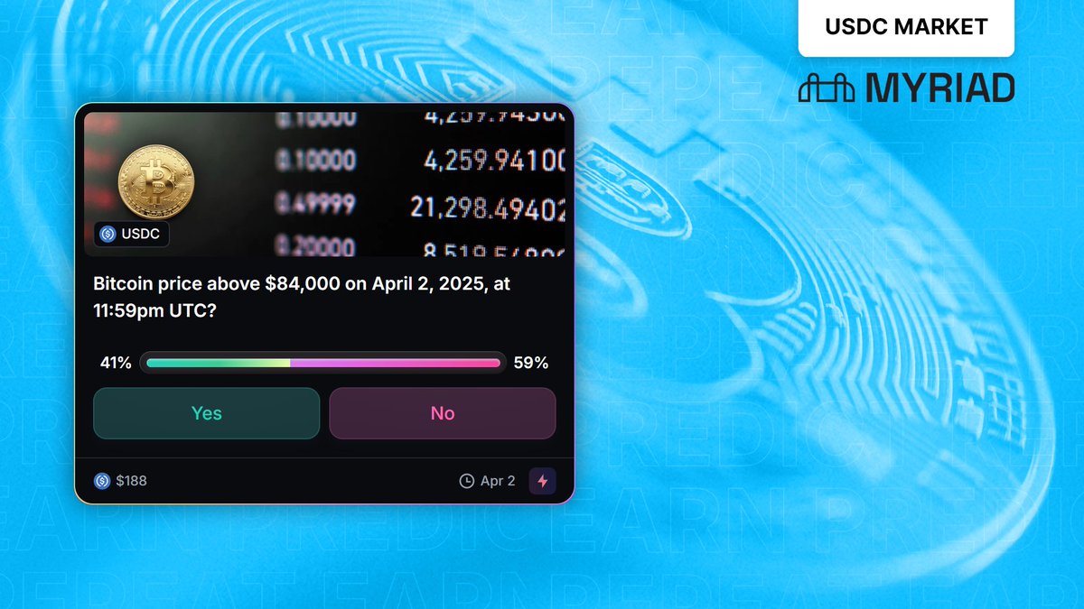 MyriadMarkets's tweet image. 🚨  NEW USDC MARKET

[ CRYPTO ]   BITCOIN PRICE ACTION.
Will Bitcoin be priced above $84,000 on April 2?