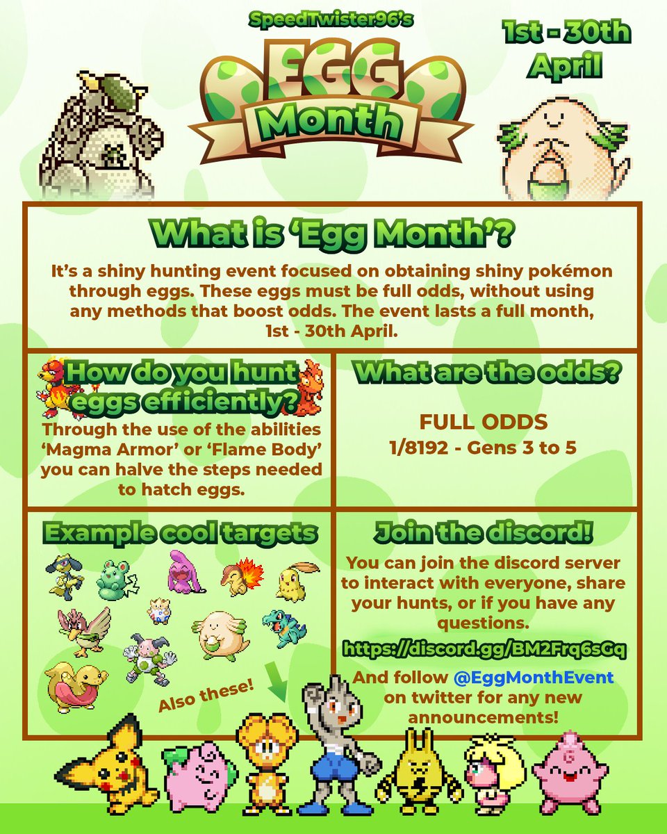 EggMonthEvent's tweet image. Welcome to the official Twitter account for #EggMonth! This account exists to promote Egg Month and showcase shinies people have found during the event! Feel free to also join the discord that hosts this event to interact with other participants! discord.gg/BM2Frq6sGq