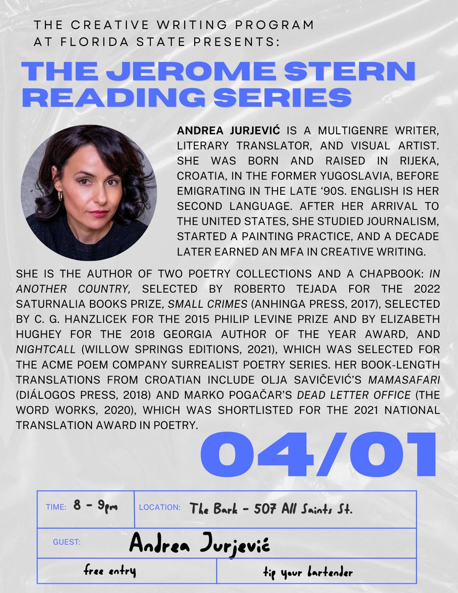 Join us tonight at 8pm at The Bark for writer, translator, and visual artist Andrea Jurjević!