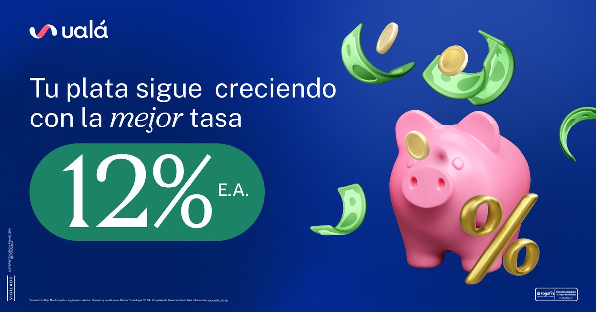 En Ualá, no tenemos letras chiquitas. Este mes actualizamos la tasa de rendimiento y desde ahora será 12% E.A.
Y aún así, sigue siendo la mejor opción:
✅ Es la tasa más alta del mercado
✅Tu plata crece todos los días, disponible las 24 horas, los 7 días de la semana
✅No tienes