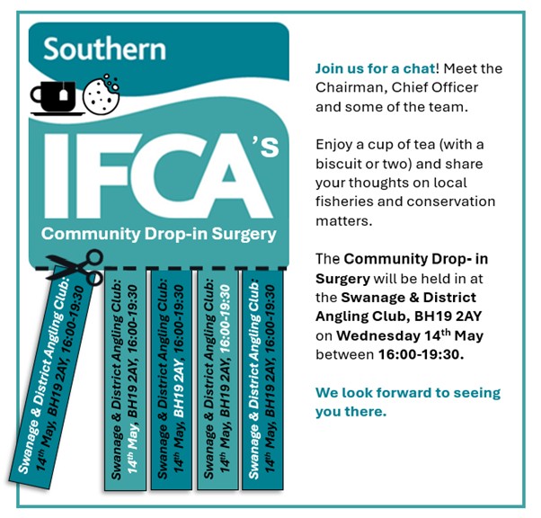 SouthernIFCA's tweet image. Southern IFCA are hosting a Community Drop-In Surgery in Swanage. Meet the Chairman, Chief Officer and some of the team for a chat.
📌 Where: Swanage & District Angling Club, BH19 2AY
🗓️ When: Wednesday 14th May 2025
⏰ Time: 16:00-19:30