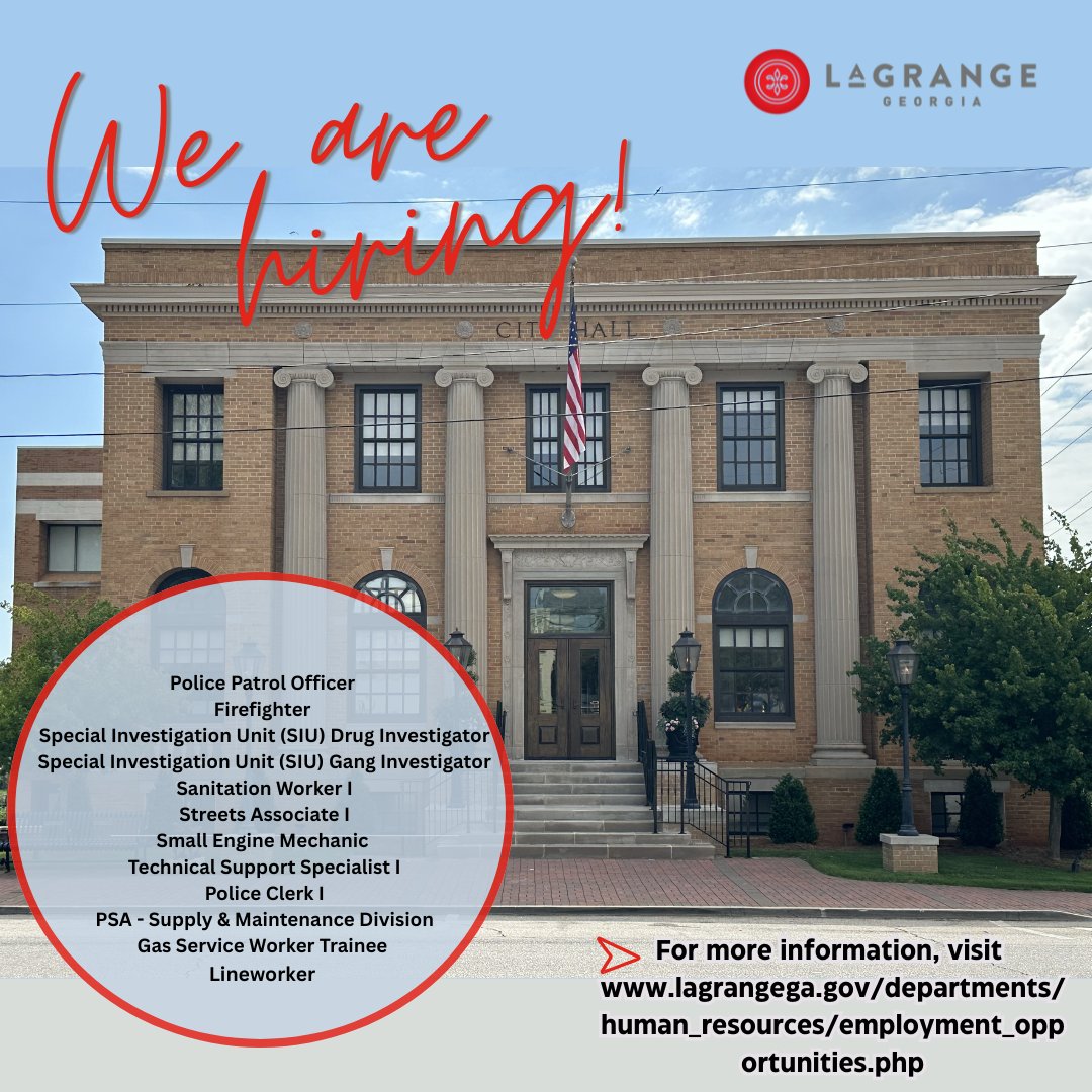 Are you looking for a job? The City of LaGrange currently has several openings. Below are the openings as of 4/1/25. For more information visit: lagrangega.gov/departments/hu…