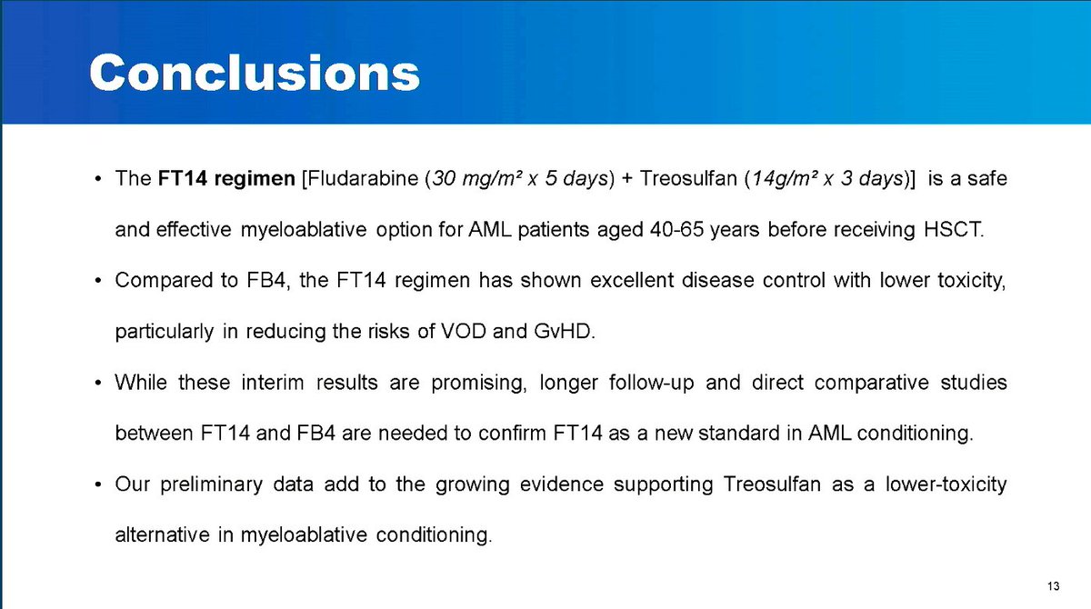 AML Hub (@aml_hub) on Twitter photo CONGRESS | #EBMT25 <a href="/TheEBMT/">The EBMT</a> | PRESENTATION
<a href="/RadiciVera/">Vera Radici</a>, <a href="/unibs_official/">Università degli Studi di Brescia</a>, presents interim results from the phase II FT14 study evaluating the safety and efficacy of fludarabine plus myeloablative dose of treosulfan conditioning regimen before HSCT in 62 patients with AML aged CONGRESS | #EBMT25 <a href="/TheEBMT/">The EBMT</a> | PRESENTATION
<a href="/RadiciVera/">Vera Radici</a>, <a href="/unibs_official/">Università degli Studi di Brescia</a>, presents interim results from the phase II FT14 study evaluating the safety and efficacy of fludarabine plus myeloablative dose of treosulfan conditioning regimen before HSCT in 62 patients with AML aged