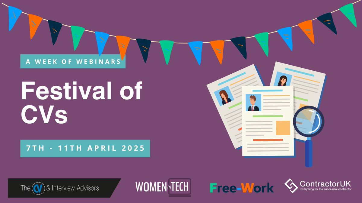 🎉 Announcing the line-up you’ve all been waiting for… 🎉
The Festival of CVs is here!
📅 7–11 April
💡 5 FREE webinars for grads, returners, contractors &amp; tech pros
🕛 Live at 12pm + replays
🎟️ Sign up now: buff.ly/Ba0PZba 

#WomenInTech #FestivalOfCVs #CVTips