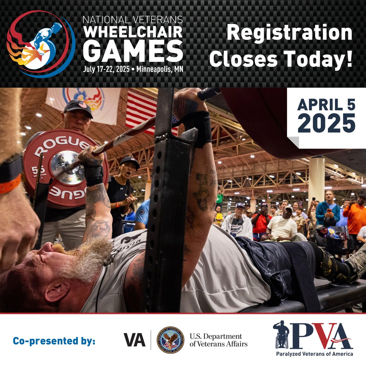 Paralyzed Veterans of America (PVA) (@pva1946) on Twitter photo Registration for our National Veterans #WheelchairGames CLOSES TODAY!
#Veterans + #Volunteers, sign up for our #AdaptiveSports event: wheelchairgames.org.
The Games are co-presented yearly by PVA and VA's <a href="/Sports4Vets/">VA Sports & Arts</a>, with 2025 local host <a href="/VAMinneapolis/">Minneapolis VA Health Care System</a>.
<a href="/DeptVetAffairs/">Veterans Affairs</a> Registration for our National Veterans #WheelchairGames CLOSES TODAY!
#Veterans + #Volunteers, sign up for our #AdaptiveSports event: wheelchairgames.org.
The Games are co-presented yearly by PVA and VA's <a href="/Sports4Vets/">VA Sports & Arts</a>, with 2025 local host <a href="/VAMinneapolis/">Minneapolis VA Health Care System</a>.
<a href="/DeptVetAffairs/">Veterans Affairs</a>