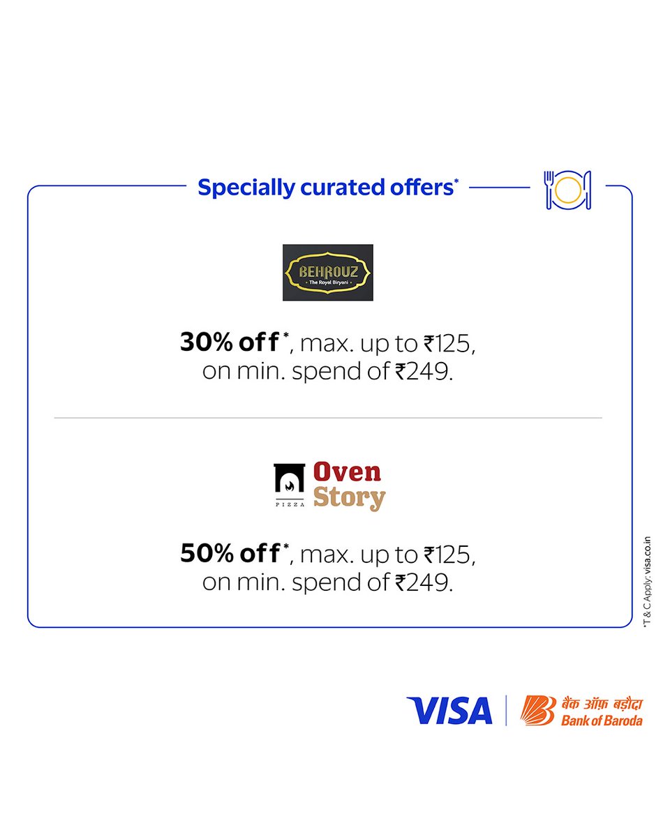 bankofbaroda's tweet photo. Gear up for the ultimate cricket season! 🏏 Enjoy amazing savings of up to 50% when you shop with your Bank of Baroda Visa Debit Card. Don't miss out on the Cricket Fever offers by Visa!

Know More: https://t.co/5bPKayI0PD

#BankofBaroda #FoodieSavings #DebitCardDeals #BOBOffers #SmartEating #VisaDebitCard

*T&C apply