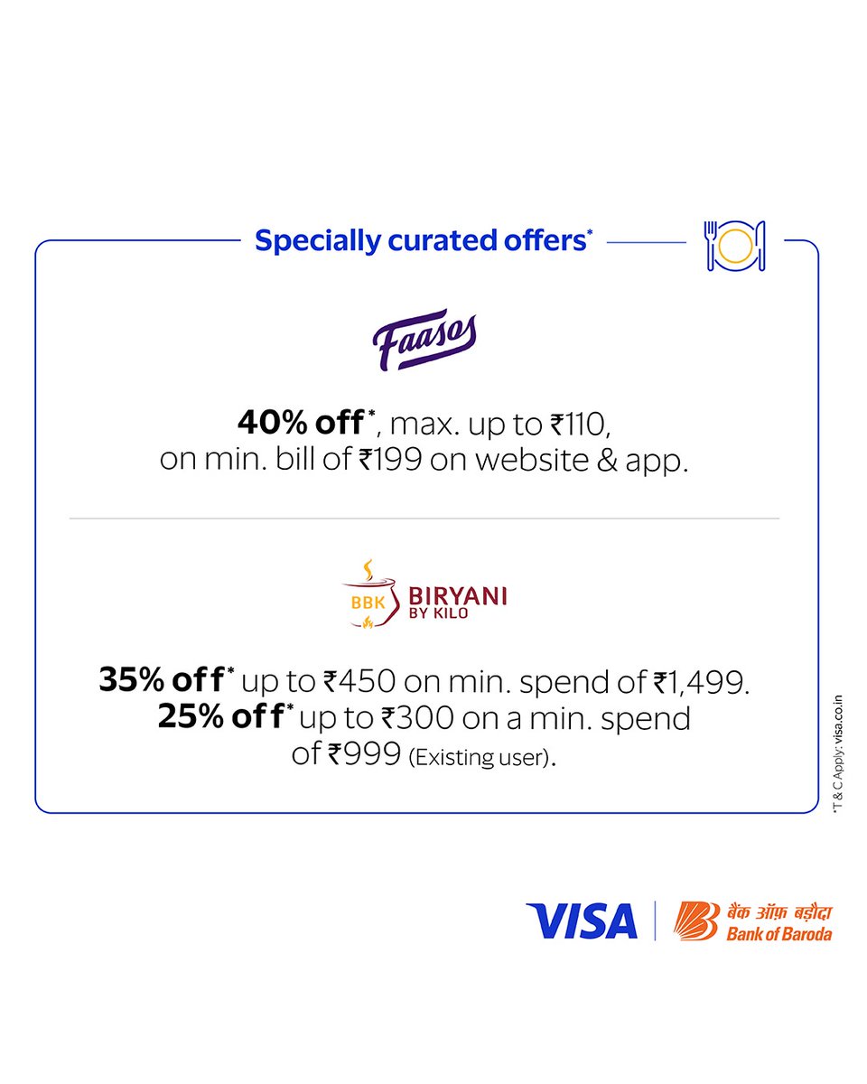 bankofbaroda's tweet photo. Gear up for the ultimate cricket season! 🏏 Enjoy amazing savings of up to 50% when you shop with your Bank of Baroda Visa Debit Card. Don't miss out on the Cricket Fever offers by Visa!

Know More: https://t.co/5bPKayI0PD

#BankofBaroda #FoodieSavings #DebitCardDeals #BOBOffers #SmartEating #VisaDebitCard

*T&C apply