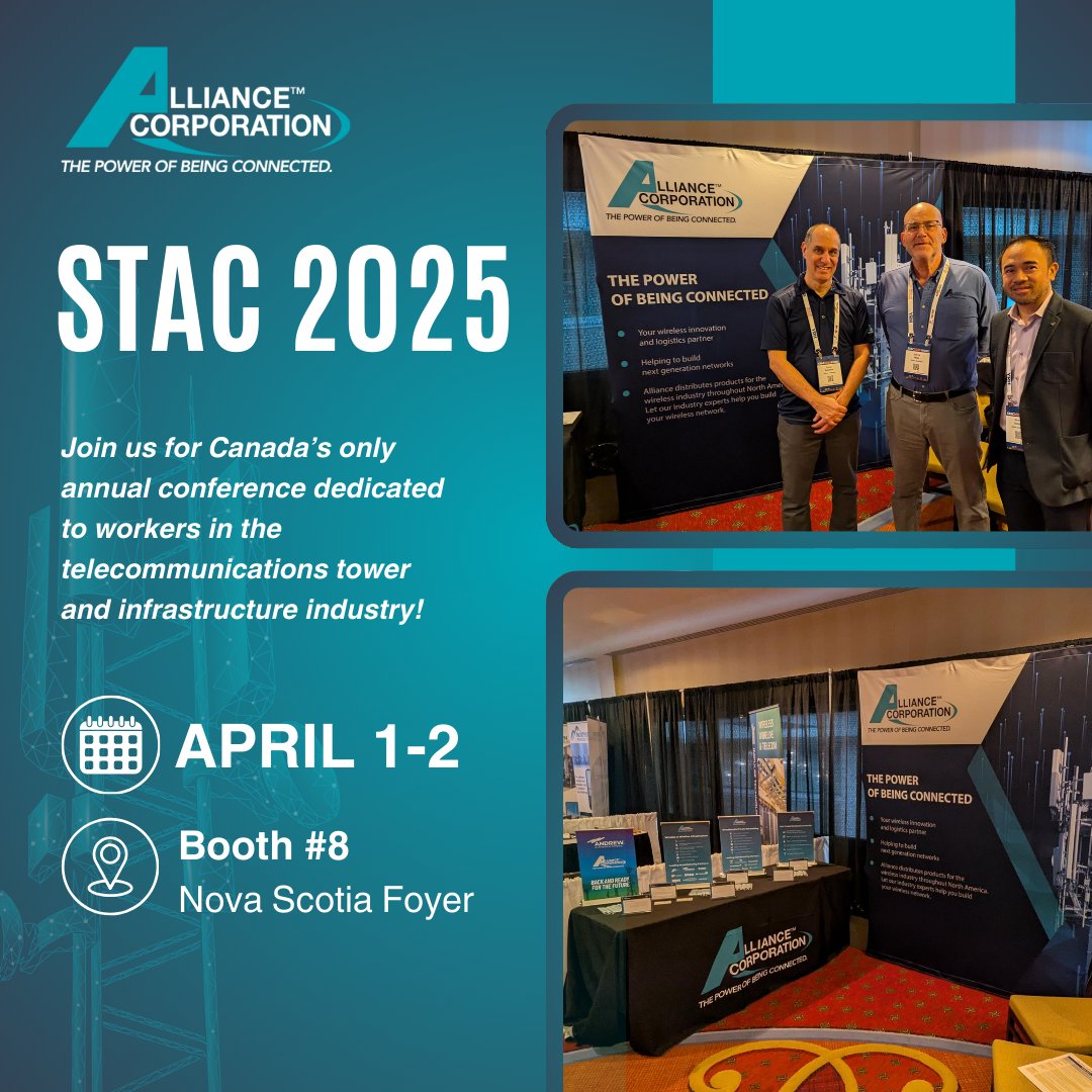 AllianceWireles's tweet image. #STAC2025 is here!
Join us today and tomorrow as we connect with industry leaders, discuss the latest in telecom infrastructure, and showcase innovative solutions for Canada’s wireless networks.

📍 Find us at the event in Booth #8 - Nova Scotia Foyer

📅 April 1-2, 2025