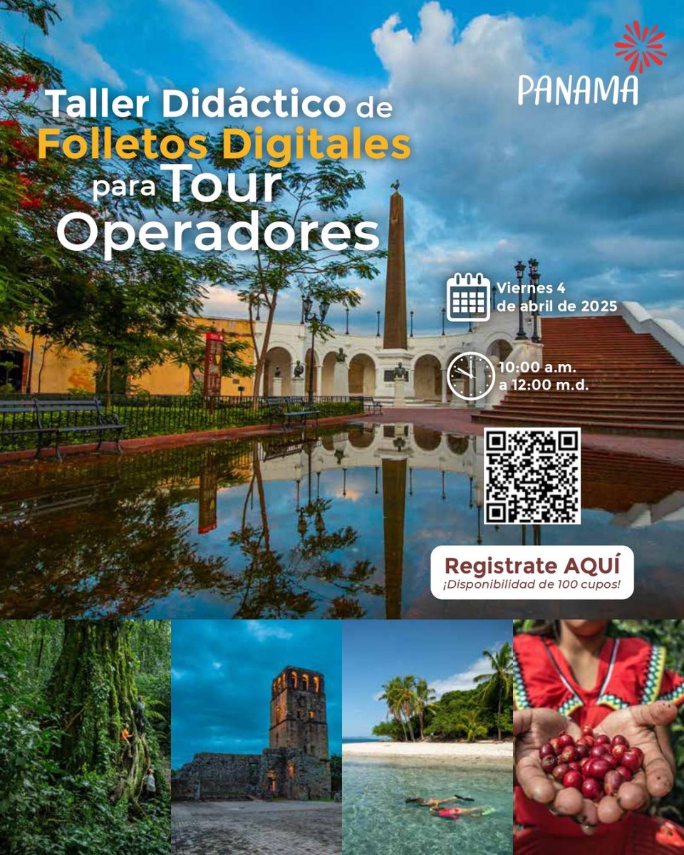 ATP_panama's tweet photo. ¡Tour Operadores, este taller es para ti!
Aprende a diseñar folletos digitales que cautiven y atraigan a tus clientes en el Taller Didáctico de Folletos Digitales.
🗓Viernes 4 de abril
⏰10:00 a.m.- 12:00 m.d
💻Virtual
🔗 ¡Regístrate ahora! Escanea el QR para asegurar tu lugar. https://t.co/SahT0zALPC
