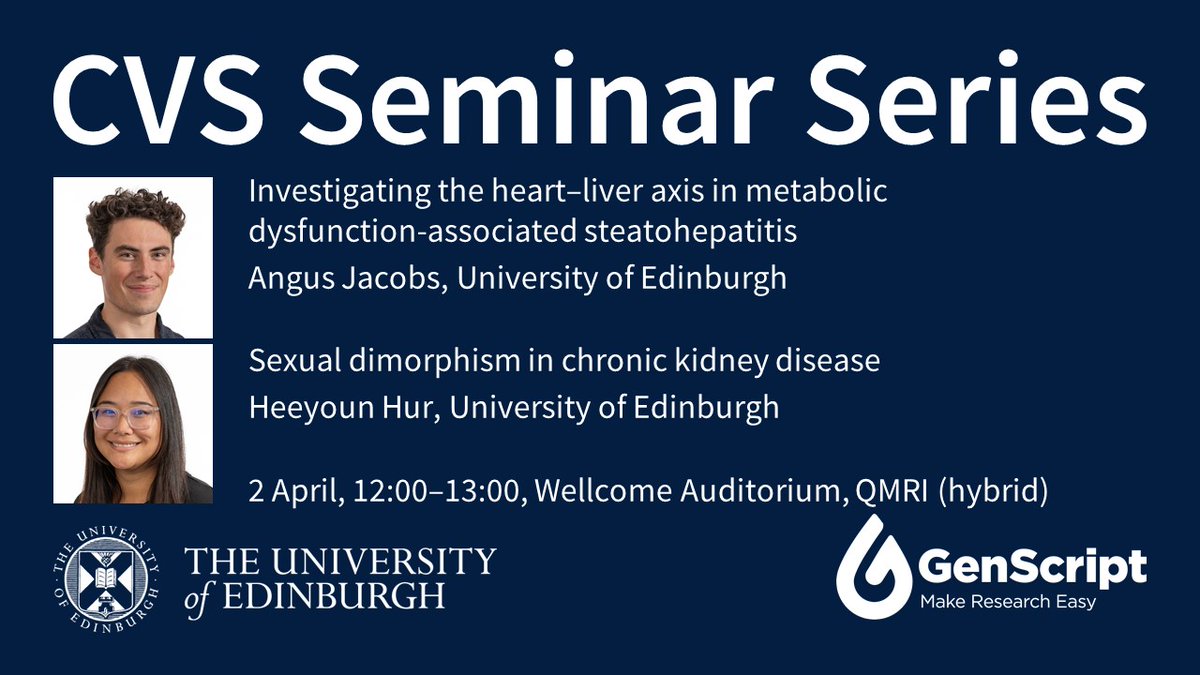 EdinUniCVS (@edinunicvs) on Twitter photo Angus Jacobs and Heeyoun Hur will share their research at this week’s CVS Seminar – join us tomorrow!
🗓️ 2 April, 12:00–13:00
Wellcome Auditorium, QMRI <a href="/EdinburghBQ/">Edinburgh BioQuarter</a>
Join on Teams ➡️ edin.ac/3XAWi3D Angus Jacobs and Heeyoun Hur will share their research at this week’s CVS Seminar – join us tomorrow!
🗓️ 2 April, 12:00–13:00
Wellcome Auditorium, QMRI <a href="/EdinburghBQ/">Edinburgh BioQuarter</a>
Join on Teams ➡️ edin.ac/3XAWi3D