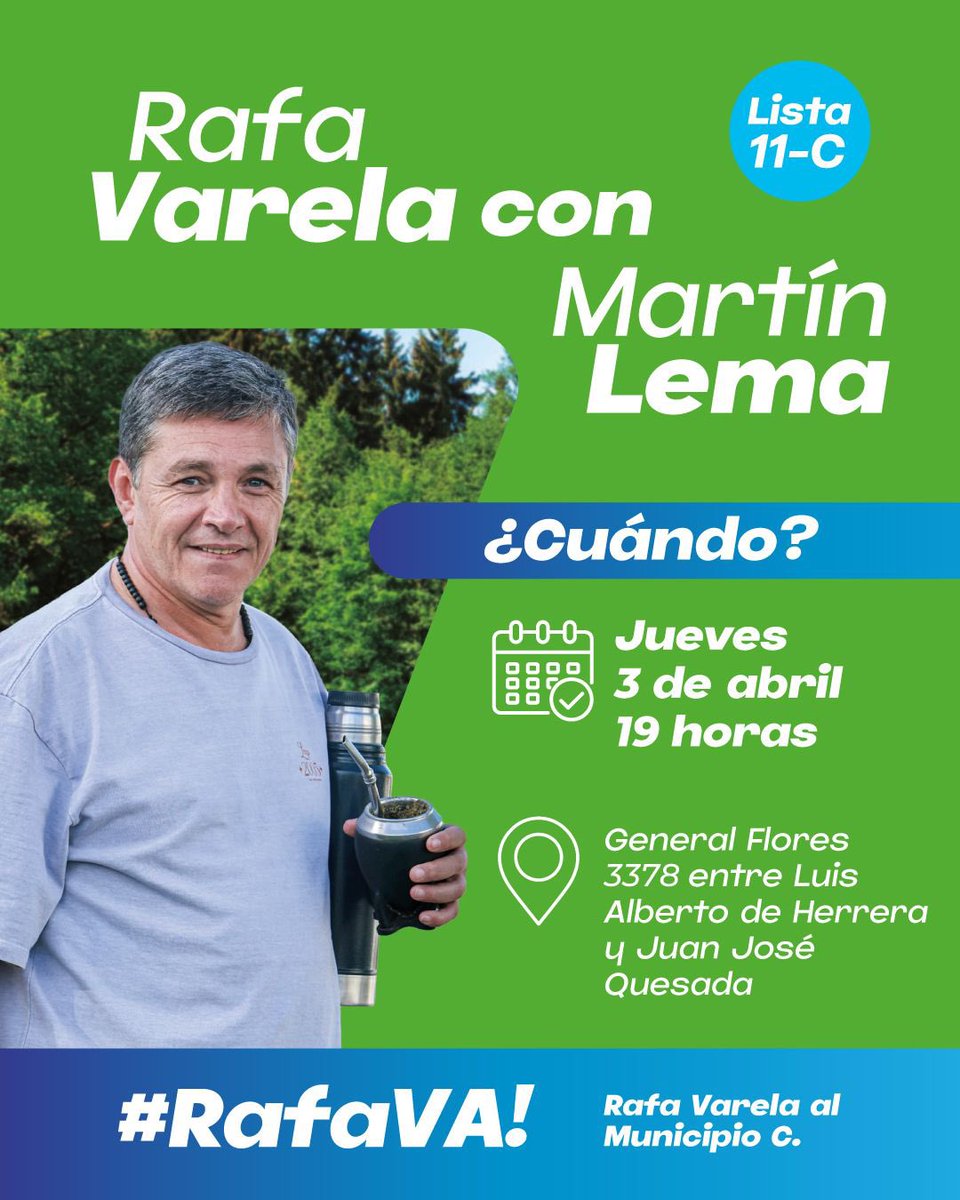 📢 ¡Gran encuentro rumbo al Municipio C!
🗓 Jueves 3 de abril
⏰ 19h
📍 General Flores 3378 (entre Luis Alberto de Herrera y Juan José Quesada)

Acompáñame junto a Martín Lema, porque el futuro del Municipio C se construye con vos.

💚 #RafaVa! #MunicipioC #RafaVarela