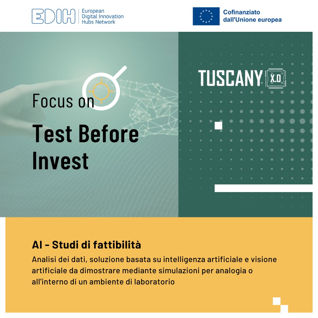 Vuoi capire come l’#AI può supportare il tuo business? Con Test Before Invest di Tuscany X.0 puoi valutare soluzioni di Intelligenza Artificiale e visione artificiale con simulazioni avanzate.
Compila il form e ti aiuteremo a trovare la soluzione giusta 👉 tuscanyx.eu/registrati/
