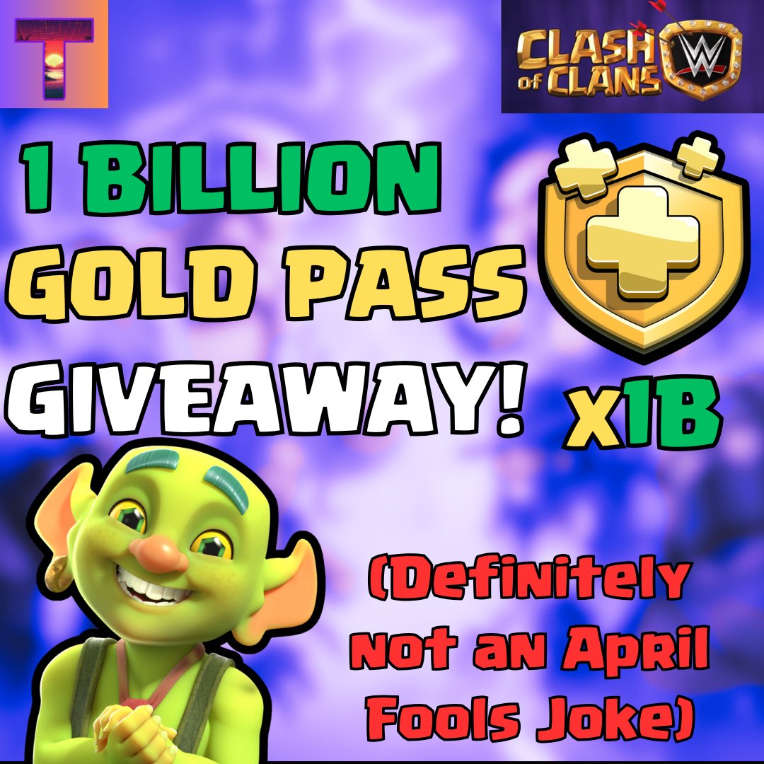 Today, I will be giving away 1 BILLION Gold Passes to ONE Lucky Winner!  

Simple Like this Post, Retweet and Comment why you want to win!  (This is definitely not a joke)

 #clashofclans #clashmania